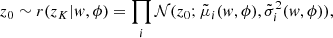 $$ \begin{aligned} z_0\sim r(z_K|{ w},\phi ) = \prod _i {\mathcal{N} }(z_0;\tilde{\mu }_i({ w},\phi ),\tilde{\sigma }^2_i({ w},\phi )), \end{aligned} $$