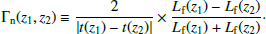 $$ \begin{aligned} \Gamma _{\rm n} (z_1, z_2) \equiv \frac{2}{| t(z_1) - t(z_2)|} \times \frac{L_{\rm f}(z_1) - L_{\rm f}(z_2)}{L_{\rm f}(z_1) + L_{\rm f}(z_2)}\cdot \end{aligned} $$