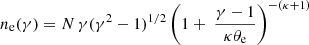 $$ \begin{aligned} n_\mathrm{e} (\gamma ) = N \,\gamma (\gamma ^2 - 1)^{1/2} \left( 1+\ \frac{\gamma -1}{\kappa \theta _\mathrm{e} }\right)^{-(\kappa +1)} \end{aligned} $$
