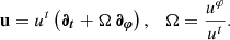 $$ \begin{aligned} \mathbf u = u^t \left(\boldsymbol{\partial _t} + \Omega \, \boldsymbol{\partial _\varphi } \right), \quad \Omega = \frac{u^\varphi }{u^t}. \end{aligned} $$