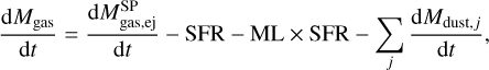 ${{{\rm{d}}{M_{{\rm{gas}}}}} \over {{\rm{d}}t}} = {{{\rm{d}}M_{{\rm{ga}},{\rm{ej}}}^{{\rm{SP}}}} \over {{\rm{d}}t}} - {\rm{SFR}} - {\rm{ML}} \times {\rm{SFR}} - \sum\limits_j {{{{\rm{d}}{M_{{\rm{dust}},j}}} \over {{\rm{d}}t}}} ,$