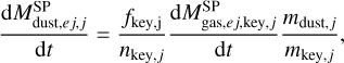 ${{{\rm{d}}M_{{\rm{dust}},ej,j}^{{\rm{SP}}}} \over {{\rm{d}}t}} = {{{f_{{\rm{key }},{\rm{j}}}}} \over {{n_{{\rm{key }},j}}}}{{{\rm{d}}M_{{\rm{gas }},ej{\rm{,key }},j}^{{\rm{SP}}}} \over {{\rm{d}}t}}{{{m_{{\rm{dust}},j}}} \over {{m_{{\rm{key }},j}}}},$