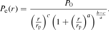 $$ \begin{aligned} P_{\rm e}(r) = \frac{P_0}{\left(\frac{r}{r_{\rm p}}\right)^c \left(1 + \left(\frac{r}{r_{\rm p}}\right)^a\right)^{\frac{b-c}{a}}}. \end{aligned} $$