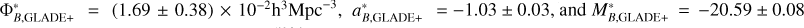 $\Phi _{B,{\rm{GLADE}} + }^* = (1.69 \pm 0.38) \times {10^{ - 2}}{{\rm{h}}^3}{\rm{Mp}}{{\rm{c}}^{ - 3}},a_{B,{\rm{GLADE}} + }^* = - 1.03 \pm 0.03{\rm{,and}}M_{B,{\rm{GLADE}} + }^* = - 20.59 \pm 0.08\Phi _{B,{\rm{GLADE}} + }^* = (1.69 \pm 0.38) \times {10^{ - 2}}{{\rm{h}}^3}{\rm{Mp}}{{\rm{c}}^{ - 3}},a_{B,{\rm{GLADE}} + }^* = - 1.03 \pm 0.03{\rm{,and}}M_{B,{\rm{GLADE}} + }^* = - 20.59 \pm 0.08$