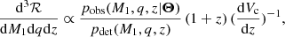 $$ \begin{aligned} \frac{\mathrm{d}^3 \mathcal{R} }{\mathrm{d} M_1 \mathrm{d} q \mathrm{d} z} \propto \frac{p_{\rm obs}(M_1,q,z|\boldsymbol{\Theta })}{p_{\rm det}(M_1,q,z)}\,(1+z)\,(\frac{\mathrm{d} V_\mathrm{c} }{\mathrm{d} z})^{-1}, \end{aligned} $$