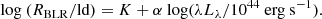 $$ \begin{aligned} \mathrm{log} \ (R_{\rm BLR}/ \mathrm{ld}) = K + \alpha \ \mathrm{log}(\lambda L_\lambda /10^{44} \ \mathrm{erg} \ \mathrm{s}^{-1}). \end{aligned} $$