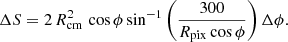$$ \begin{aligned} \Delta S = 2\,R_{\rm cm}^2\,\cos {\phi }\sin ^{-1}\left(\frac{300}{R_{\rm pix}\cos {\phi }}\right) \Delta \phi . \end{aligned} $$