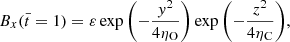 $$ \begin{aligned} B_{x}(\bar{t}=1)&= \varepsilon \exp {\left(-\frac{y^{2}}{4\eta _{\rm O}}\right)}\exp {\left(-\frac{z^{2}}{4\eta _{\rm C}}\right)}, \end{aligned} $$