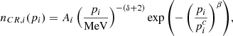 $$ \begin{aligned} n_{CR, i}(p_{i}) = A_i\left(\frac{p_i}{\mathrm{MeV} }\right)^{-(\delta +2)}\exp {\left(-\left(\frac{p_i}{p_i^c}\right)^{\beta }\right)} ,\end{aligned} $$