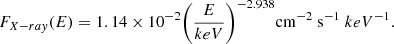$$ \begin{aligned} F_{X-ray}(E) = 1.14\times 10^{-2}\biggr (\frac{E}{keV}\biggr )^{-2.938}\mathrm {cm}^{-2}~\mathrm {s}^{-1}~keV^{-1} .\end{aligned} $$