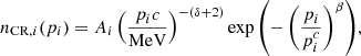 $$ \begin{aligned} n_{\mathrm{CR}, i}(p_{i}) = A_i\left(\frac{p_i c}{\mathrm{MeV} }\right)^{-(\delta +2)}\exp {\left(-\left(\frac{p_i}{p_i^c}\right)^{\beta }\right)} ,\end{aligned} $$
