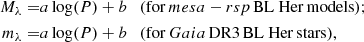 $$ \begin{aligned} \begin{aligned} M_\lambda =&a\log (P)+b \quad (\mathrm{for}\,mesa-rsp \,\mathrm{BL}~\mathrm{Her}\,\mathrm{models}); \\ m_\lambda =&a\log (P)+b \quad (\mathrm{for}\,{Gaia}\,\mathrm{DR3}\,\mathrm{BL}~\mathrm{Her}\,\mathrm{stars}), \end{aligned} \end{aligned} $$