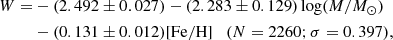 $$ \begin{aligned} \begin{aligned} W=&-(2.492 \pm 0.027)-(2.283 \pm 0.129)\log (M/M_{\odot })\\&-(0.131 \pm 0.012)\mathrm{[Fe/H]} \quad (N=2260; \sigma =0.397), \end{aligned} \end{aligned} $$