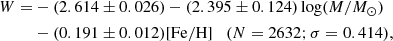 $$ \begin{aligned} \begin{aligned} W=&-(2.614 \pm 0.026)-(2.395 \pm 0.124)\log (M/M_{\odot })\\&-(0.191 \pm 0.012)\mathrm{[Fe/H]} \quad (N=2632; \sigma =0.414), \end{aligned} \end{aligned} $$