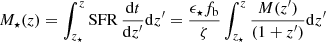 $$ \begin{aligned} M_\star (z) = \int _{z_{\star }}^z \mathrm{SFR}\,\frac{\mathrm{d}t}{\mathrm{d}z^\prime } \mathrm{d}z^\prime = \frac{\epsilon _\star f_{\rm b}}{\zeta } \int _{z_{\star }}^z \frac{M(z^\prime )}{(1+z^\prime )} \mathrm{d}z^\prime \end{aligned} $$