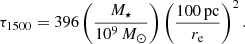 $$ \begin{aligned} \tau _{1500} = 396 \left(\frac{M_\star }{10^9\,{M}_{\odot }}\right) \left(\frac{100\,\mathrm{pc}}{r_{\rm e}}\right)^{2}. \end{aligned} $$