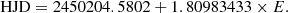 $$ \begin{aligned} \mathrm{HJD}=2450204.5802 + 1.80983433\times E. \end{aligned} $$