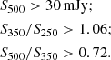 $$ \begin{aligned}&S_{\rm 500} > 30\,\mathrm{mJy}; \nonumber \\&S_{\rm 350}/S_{\rm 250} > 1.06; \nonumber \\&S_{\rm 500}/S_{\rm 350} > 0.72. \end{aligned} $$