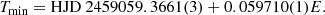 $$ \begin{aligned} {T_{\rm min} = \mathrm{HJD}\ 2459059.3661(3) + 0.059710(1)E}. \end{aligned} $$