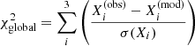 $$ \begin{aligned} \chi ^2_{\rm global}=\sum ^3_i\left(\frac{X_i^\mathrm{(obs)} -X_i^\mathrm{(mod)} }{\sigma (X_i)}\right) \end{aligned} $$