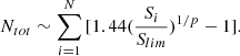 $$ \begin{aligned} N_{tot} \sim \sum _{i=1}^N {[1.44(\frac{S_i}{S_{lim}})^{1/p} -1]}. \end{aligned} $$