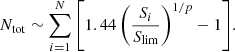 $$ \begin{aligned} N_{\rm tot} \sim \sum _{i=1}^N {\left[1.44\left(\frac{S_i}{S_{\rm lim}}\right)^{1/p} -1\right]}. \end{aligned} $$