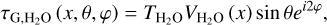 ${\tau _{{\rm{G}},{{\rm{H}}_2}{\rm{O}}}}(x,\theta ,\varphi ) = {T_{{{\rm{H}}_2}{\rm{O}}}}{V_{{{\rm{H}}_2}{\rm{O}}}}(x)\sin \theta {e^{i2\varphi }},$