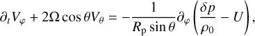 ${\partial _t}{V_\varphi } + 2{\rm{\Omega }}\cos \theta {V_\theta } = - {1 \over {{R_{\rm{p}}}\sin \theta }}{\partial _\varphi }\left( {{{\delta p} \over {{\rho _0}}} - U} \right),$