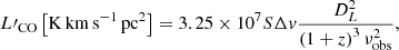 $$ \begin{aligned} L{\prime }_{\rm CO}\left[{\mathrm{K\,km\,s}^{-1}\,\mathrm{pc}^{2}}\right]&=3.25\times 10^{7}S\Delta v\frac{D_{L}^{2}}{\left(1+z\right)^{3}\nu _{\mathrm{obs}}^{2}}, \end{aligned} $$