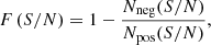$$ \begin{aligned} F\,({S/N}) = 1 - \frac{N_{\rm neg}({S/N})}{N_{\rm pos}({S/N})}, \end{aligned} $$