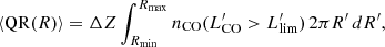 $$ \begin{aligned} \left\langle \mathrm{QR}(R)\right\rangle = \Delta Z\int _{R_{\rm min}}^{R_{\rm max}}n_{\rm CO}(L^{\prime }_{\rm CO}>L^{\prime }_{\rm lim})\,2\pi R^{\prime }\,dR^{\prime }, \end{aligned} $$