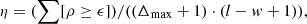 $$ \begin{aligned} \eta =(\sum [\rho \ge \epsilon ])/((\Delta _{\rm max}+1)\cdot (l-w+1)), \end{aligned} $$