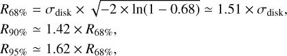 $\eqalign{ & {R_{68\% }} = {\sigma _{{\rm{disk }}}} \times \sqrt { - 2 \times \ln (1 - 0.68)} \simeq 1.51 \times {\sigma _{{\rm{disk }}}}, \cr & {R_{90\% }} \simeq 1.42 \times {R_{68\% }}, \cr & {R_{95\% }} \simeq 1.62 \times {R_{68\% }}, \cr} $