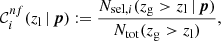 $$ \begin{aligned} \mathcal{C} _i^{nf}(z_{\rm l}\,|\,\boldsymbol{p}) := \frac{N_{\mathrm{sel},i}(z_{\rm g}>z_{\rm l}\,|\,\boldsymbol{p})}{N_{\rm tot}(z_{\rm g}>z_{\rm l})}, \end{aligned} $$