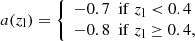 $$ \begin{aligned}&a(z_{\rm l})= {\left\{ \begin{array}{ll} -0.7\,\,\,\mathrm{if}\; z_{\rm l} < 0.4\\ -0.8\,\,\,\mathrm{if}\; z_{\rm l}\ge 0.4, \end{array}\right.} \end{aligned} $$
