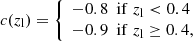 $$ \begin{aligned}&c(z_{\rm l})= {\left\{ \begin{array}{ll} -0.8\,\,\,\mathrm{if}\; z_{\rm l} < 0.4\\ -0.9\,\,\,\mathrm{if}\; z_{\rm l}\ge 0.4, \end{array}\right.} \end{aligned} $$