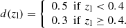 $$ \begin{aligned}&d(z_{\rm l})= {\left\{ \begin{array}{ll} 0.5\,\,\,\mathrm{if}\; z_{\rm l} < 0.4\\ 0.3\,\,\,\mathrm{if}\; z_{\rm l}\ge 0.4. \end{array}\right.} \end{aligned} $$