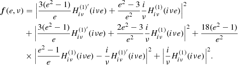 $$ \begin{aligned} \boldsymbol{f}(e,\nu )&=\Big | \frac{3(e^2-1)}{e} H^{(1)^\prime }_{i \nu }(i \nu e)+ \frac{e^2-3}{e^2} \frac{i}{\nu }H^{(1)}_{i \nu }(i \nu e)\Big |^2\nonumber \\&+\Big |\frac{3(e^2-1)}{e} H^{(1)^\prime }_{i \nu }(i \nu e)+ \frac{2 e^2-3}{e^2} \frac{i}{\nu }H^{(1)}_{i \nu }(i \nu e)\Big |^2+\frac{18 (e^2-1)}{e^2}\nonumber \\&\times \Big | \frac{e^2-1}{e} H^{(1)}_{i \nu }(i \nu e)- \frac{i}{\nu } H^{(1)^\prime }_{i \nu }(i \nu e) \Big |^2+\Big |\frac{i}{\nu } H^{(1)}_{i \nu }(i \nu e) \Big |^2. \end{aligned} $$