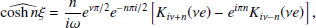 $$ \begin{aligned} \widehat{\cosh {n\xi }}&= \frac{n}{i \omega } e^{\nu \pi /2} e^{- n \pi i/2}\left[ K_{i \nu +n}(\nu e)- e^{i \pi n} K_{i \nu -n}(\nu e) \right], \end{aligned} $$