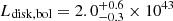 $ L_{\mathrm{disk,bol}} = 2.0_{-0.3}^{+0.6} \times 10^{43} $