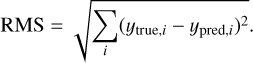 ${\rm{RMS}} = \sqrt {\sum\limits_i {{{\left( {{y_{{\rm{true }},i}} - {y_{{\rm{pred}},i}}} \right)}^2}} } .$