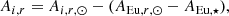 $$ \begin{aligned} A_{i,r} = A_{i,r,\odot } - (A_{\mathrm{Eu} ,r,\odot } - A_{\mathrm{Eu} ,\star }), \end{aligned} $$