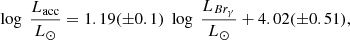 $$ \begin{aligned} \log \; \frac{L_{\rm acc}}{L_{\odot }} = 1.19 (\pm 0.1) \; \log \; \frac{L_{Br_{\gamma }}}{L_{\odot }} + 4.02 (\pm 0.51), \end{aligned} $$