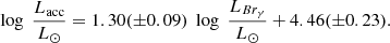 $$ \begin{aligned} \log \; \frac{L_{\rm acc}}{L_{\odot }} = 1.30 (\pm 0.09) \; \log \; \frac{L_{Br_{\gamma }}}{L_{\odot }} + 4.46 (\pm 0.23). \end{aligned} $$