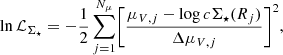 $$ \begin{aligned} \ln \mathcal{L} _{\Sigma _\star } = -\frac{1}{2}\sum _{j=1}^{N_{\mu }}\biggl [\frac{\mu _{{V},j}- \log c\Sigma _\star (R_j)}{\Delta \mu _{{V},j}}\biggr ]^2, \end{aligned} $$