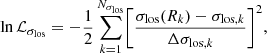$$ \begin{aligned} \ln \mathcal{L} _{\sigma _{\rm los}} = -\frac{1}{2}\sum _{k=1}^{N_{\sigma _{\rm los}}}\biggl [\frac{\sigma _{\rm los}(R_k)-\sigma _{\mathrm{los}, k}}{\Delta \sigma _{\mathrm{los}, k}}\biggr ]^2, \end{aligned} $$