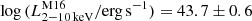 $ \log{(L^{\mathrm{M16}}_{\mathrm{2{-}10\,keV}}/\mathrm{erg\,s^{-1}})}=43.7 \pm 0.6 $