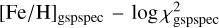 ${[{\rm{Fe}}/{\rm{H}}]_{{\rm{gspspec}}}} - \log \chi _{{\rm{gspspec}}}^2$