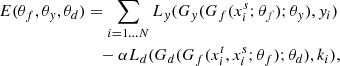 $$ \begin{aligned} E(\theta _f,\theta _{ y},\theta _d) &= \sum _{i=1{\ldots }N} L_{ y}(G_{ y}(G_f(x_i^{s};\theta _f);\theta _{ y}),{ y}_i)\nonumber \\&\quad - \alpha L_d(G_d(G_f(x_i^t,x_i^s;\theta _f);\theta _d),k_i), \end{aligned} $$