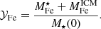 $$ \begin{aligned} \mathcal{Y} _{\rm Fe} = { {M^{\star }_{\rm Fe} + M^\mathrm{ICM}_{\rm Fe}} \over M_{\star }(0)} . \end{aligned} $$